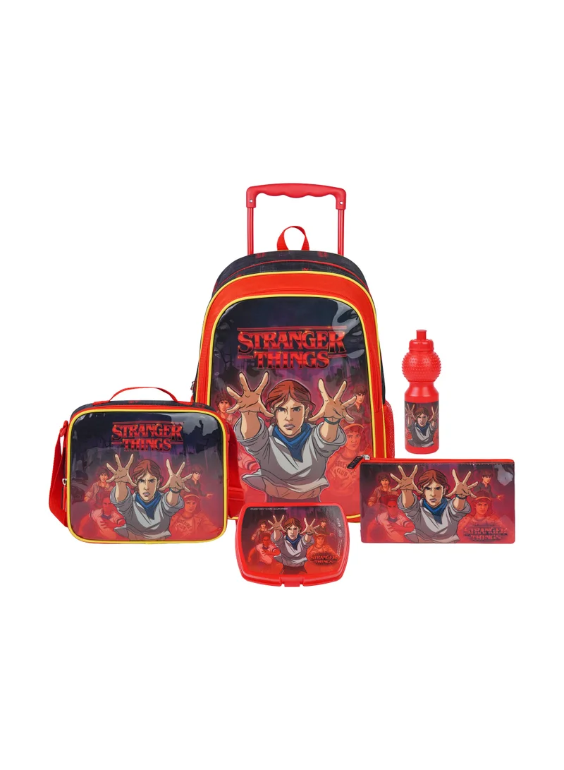 نيتفليكس Netflix Stranger Things 5-in-1 Kids Trolley School Set 18" | Rolling Backpack, Lunch Bag, Lunch Box, Water Bottle & Pencil Case | Water Resistant | Unisex School Bag
