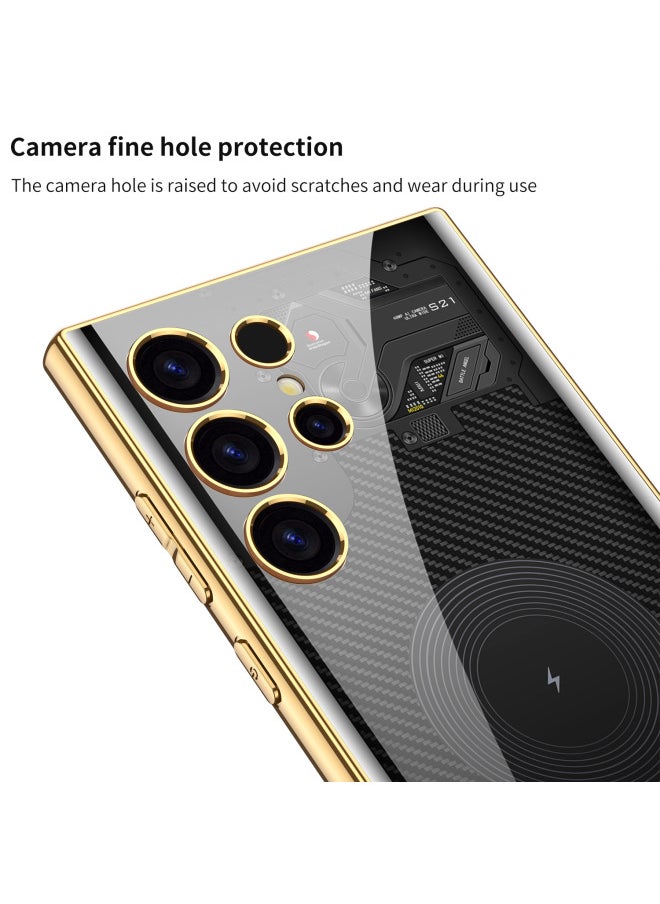 Generic - Applicable To For SamsungS24Ultra Mobile Phone Shell Fashion Electroplated Frame S24 Tempered Glass Shell S24Plus Sets-Color:[Gold] Carbon Fiber Pattern [no Words]]-Applicable Model:SM-S24 - Image 1