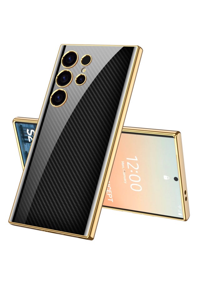 Generic - Applicable To For SamsungS24Ultra Mobile Phone Shell Fashion Electroplated Frame S24 Tempered Glass Shell S24Plus Sets-Color:[Gold] Carbon Fiber Pattern [no Words]]-Applicable Model:SM-S24 - Image 1
