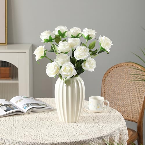 Tifuly White Roses Artificial Flowers -12 pcs Realistic Single Long Stem Fake Silk Roses Bouquet for Party Home Wedding Centerpiece Office DIY Decor（Off White） - Image 5