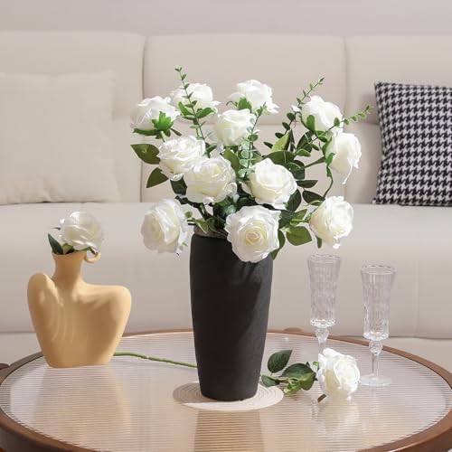 Tifuly White Roses Artificial Flowers -12 pcs Realistic Single Long Stem Fake Silk Roses Bouquet for Party Home Wedding Centerpiece Office DIY Decor（Off White） - Image 3