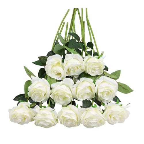 Tifuly White Roses Artificial Flowers -12 pcs Realistic Single Long Stem Fake Silk Roses Bouquet for Party Home Wedding Centerpiece Office DIY Decor（Off White） - Image 1