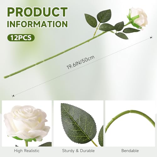 Tifuly White Roses Artificial Flowers -12 pcs Realistic Single Long Stem Fake Silk Roses Bouquet for Party Home Wedding Centerpiece Office DIY Decor（Off White） - Image 2