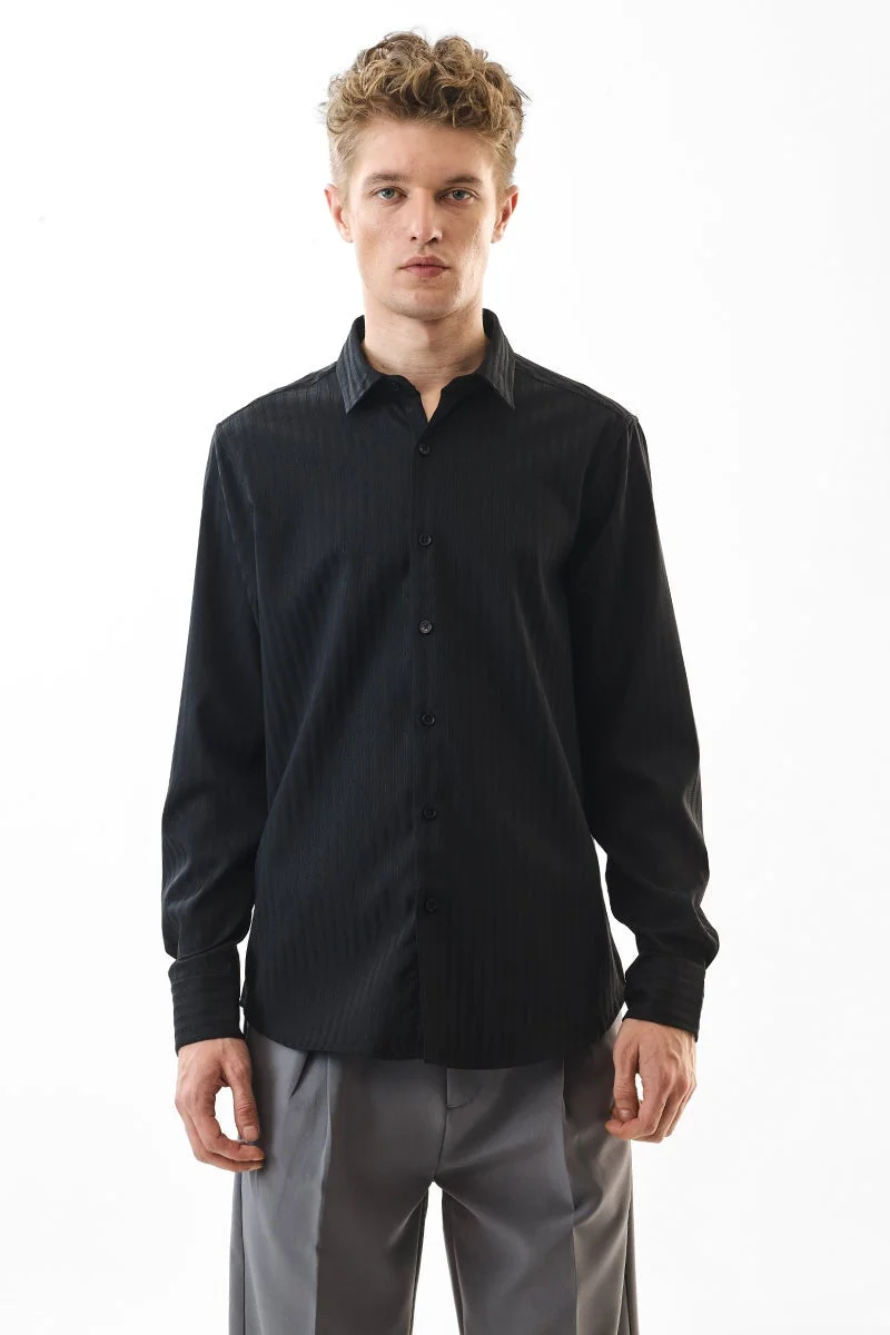 SNITCH Black Striped Long Sleeve Slim Fit Formal Luxe Shirt