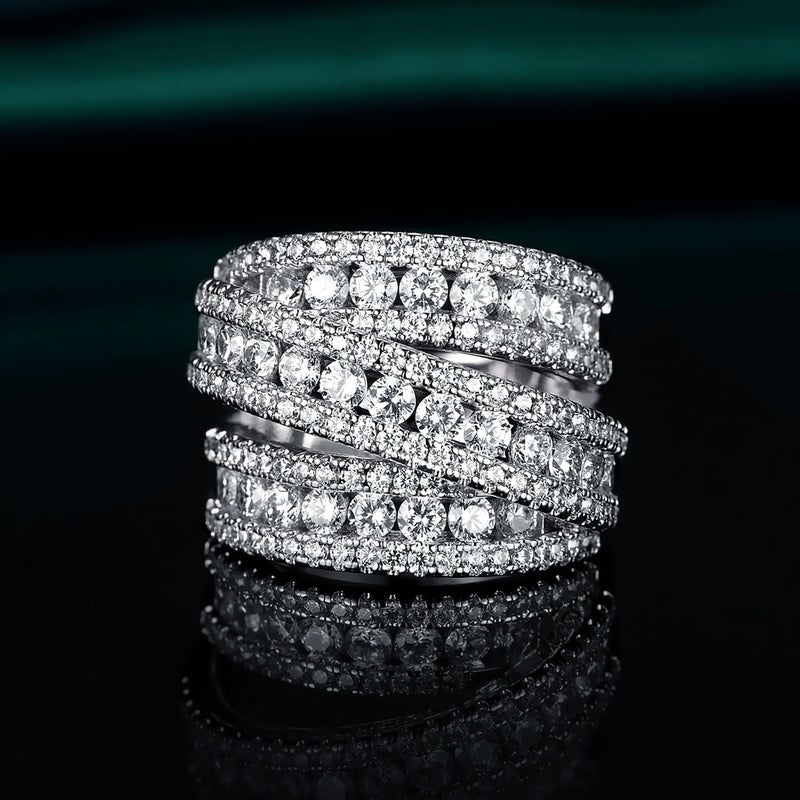 MDFUN Eternity Ring Wedding Bands, 18K White Gold Plated 3 Rows Round Cut Cubic Zirconia Statement Rings Cocktail Band for Women - Image 2