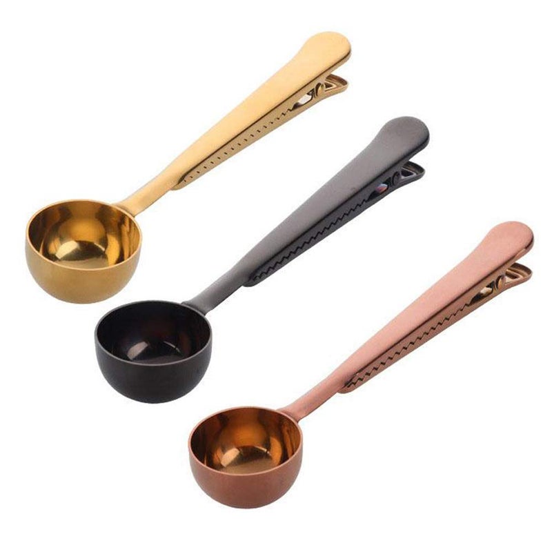 3 PCS Coffee Scoop with Clip 2 in 1 Stainless Steel 1 tbsp Ground Measuring Spoon with Bag Clip for Coffee Tea