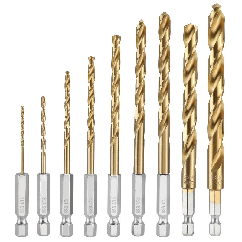 WORKPRO 9-Piece 1/4" Hex Shank Drill Bit Set, Titanium Plating HSS Drill Bits from 1/16" to 3/8" for Metal, Steel, Wood, PVC, Quick Change Design - Image 1