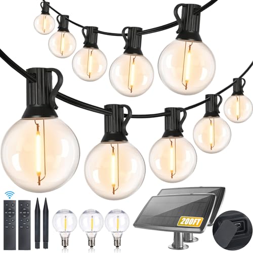 Yusist 200FT Solar String Lights Outdoor Waterproof with Remote,G40 Solar Powered String Lights with 60+3 LED Shatterproof Bulbs, Dimmable Solar Patio Hanging Lights for Outside Backyard Party - Image 1