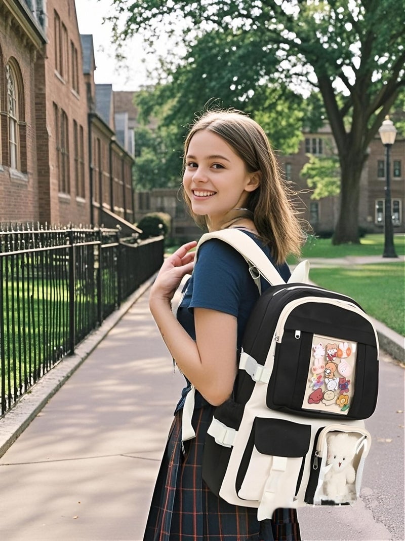 PRLINJSK Kawaii Backpack for Teen Girls, Cute Aesthetic High Middle School College Bookbag with Accessories,Black and White - Image 2