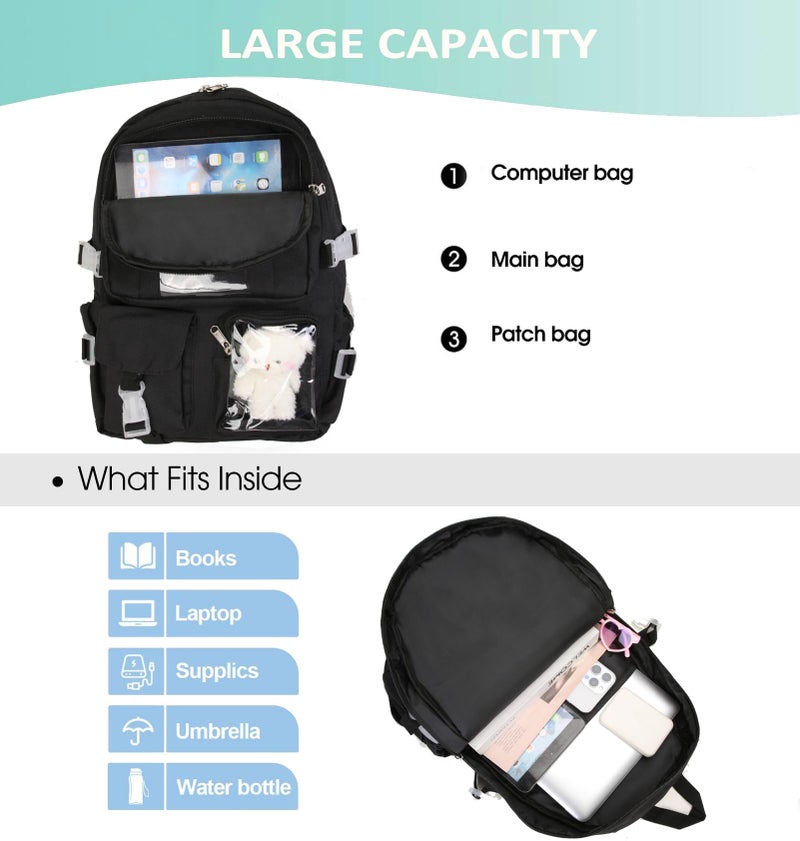 PRLINJSK Kawaii Backpack for Teen Girls, Cute Aesthetic High Middle School College Bookbag with Accessories,Black and White - Image 4