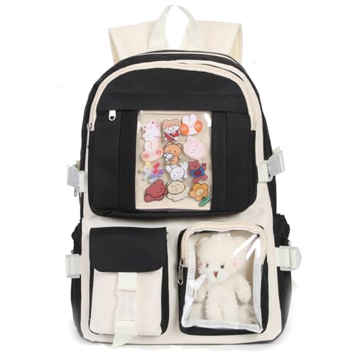 PRLINJSK Kawaii Backpack for Teen Girls, Cute Aesthetic High Middle School College Bookbag with Accessories,Black and White - Image 1