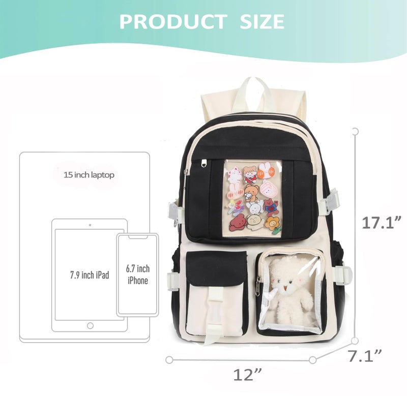 PRLINJSK Kawaii Backpack for Teen Girls, Cute Aesthetic High Middle School College Bookbag with Accessories,Black and White - Image 3