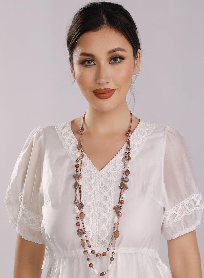 بوكار قلادات بوكار الطويلة للنساء، قلادات عصرية مزينة بخرز كريستالي متعدد الطبقات على الطراز البوهيمي للنساء، قلادات أنيقة وعصرية (NK-10084-بني) - Image 3