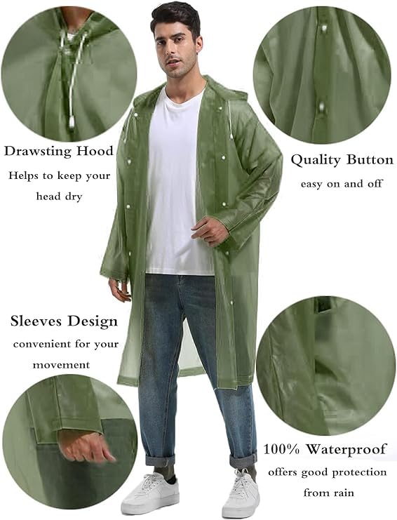 CAPICHINO Waterproof Rain Coat Hooded Universal Outdoor Water Resistant Rainwear Suit for Men Women Boys & Girls (Universal, Dark Green) - Image 4