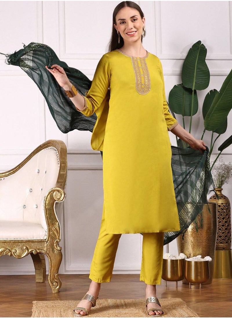 ISHIN Women's Yellow Viscose Blend Embellished Tunic Full Length Casual Straight Fit Kurta Set  - Image 1
