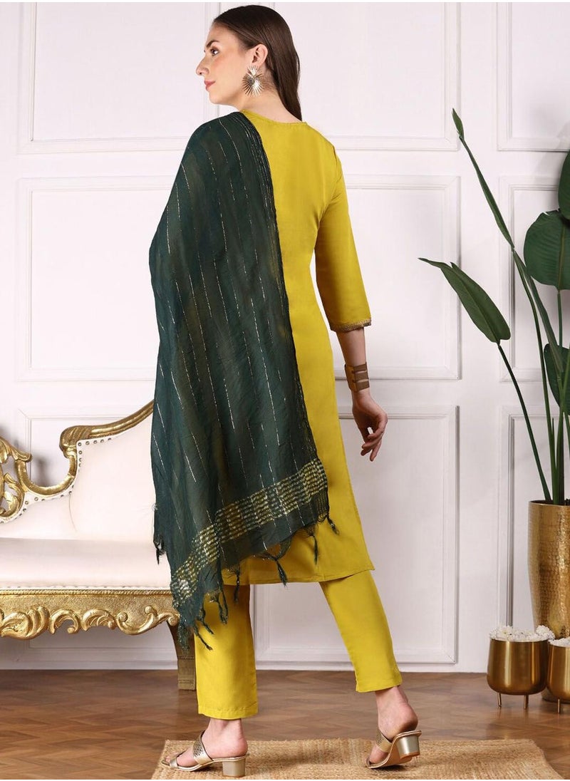 ISHIN Women's Yellow Viscose Blend Embellished Tunic Full Length Casual Straight Fit Kurta Set  - Image 5