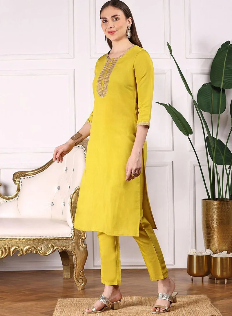 ISHIN Women's Yellow Viscose Blend Embellished Tunic Full Length Casual Straight Fit Kurta Set