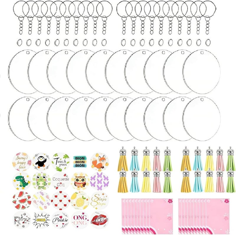 Joyclub Acrylic Keychain Blanks Kit - 140 Pcs Including Clear Round Acrylic Blanks, UV Stickers, Tassels, Key Rings, Jump Rings, Packing Cards and Bags for DIY Vinyl Crafting - Image 1