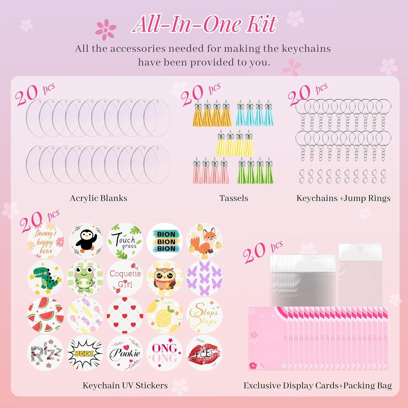 Joyclub Acrylic Keychain Blanks Kit - 140 Pcs Including Clear Round Acrylic Blanks, UV Stickers, Tassels, Key Rings, Jump Rings, Packing Cards and Bags for DIY Vinyl Crafting - Image 3