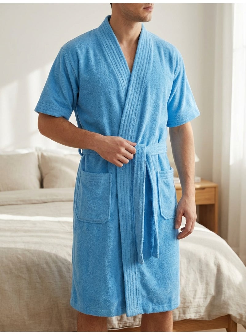 Ambrosia 100% Cotton Size Medium Blue Terry Bathrobe Unisex for Men and Women, Highly Absorbent Soft Spa Hotel Quality Shower Robe With Pockets - Image 4