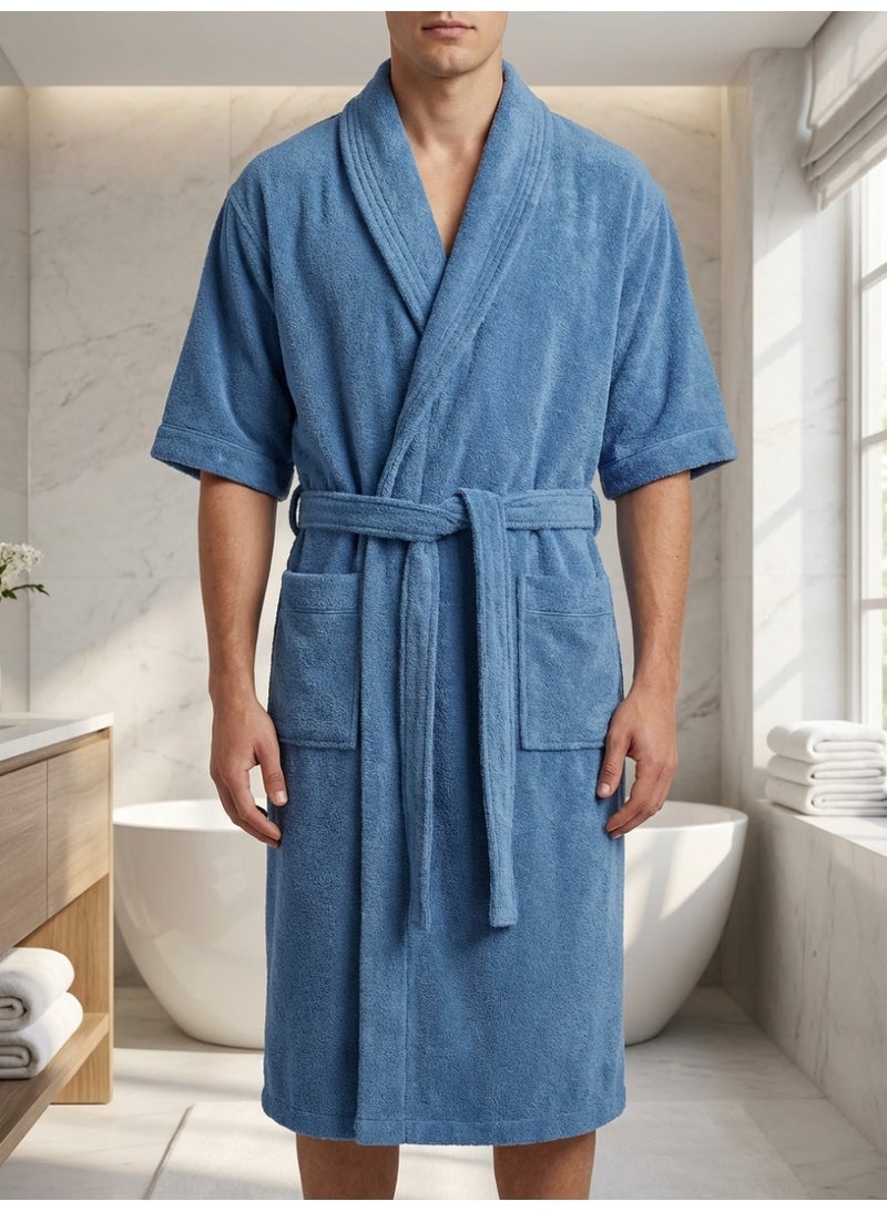 Ambrosia 100% Cotton Size Medium Blue Terry Bathrobe Unisex for Men and Women, Highly Absorbent Soft Spa Hotel Quality Shower Robe With Pockets - Image 3
