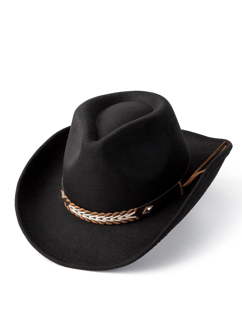SYOSI Classic Cowboy Hat Men Western Cowgirl Felt Wide Brim Women Fedora Hats, Shapeable Handcrafts Leather Beach Sun - Image 1