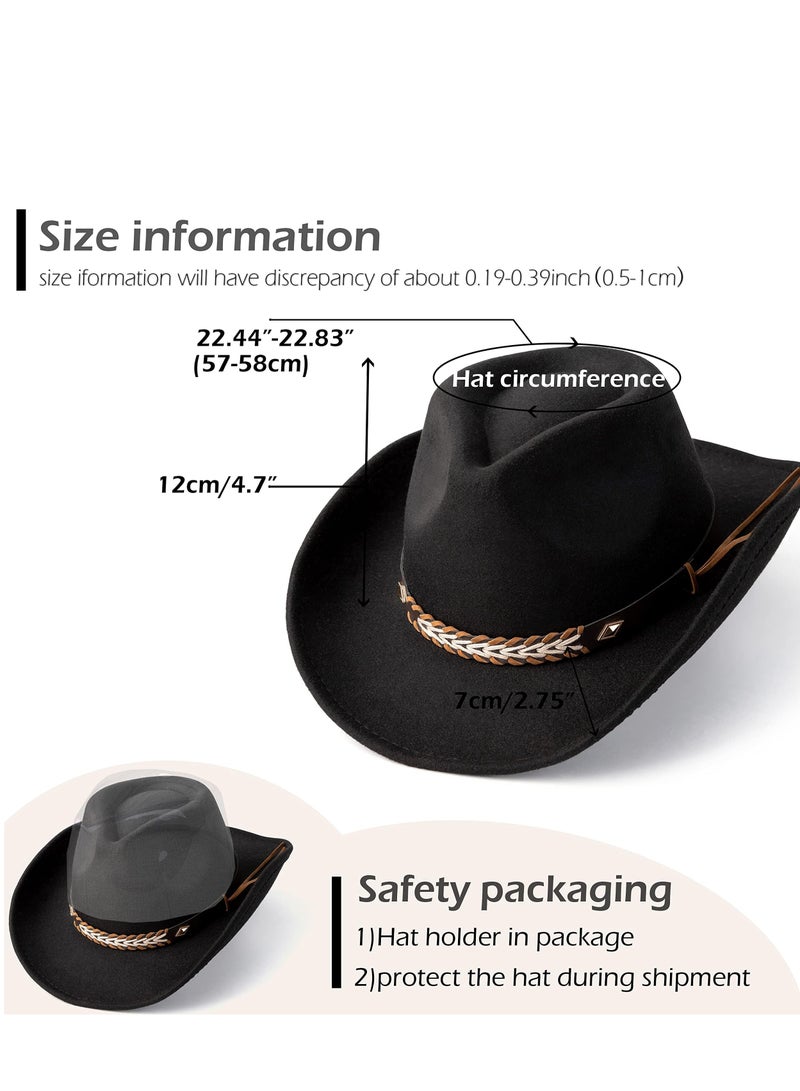 SYOSI Classic Cowboy Hat Men Western Cowgirl Felt Wide Brim Women Fedora Hats, Shapeable Handcrafts Leather Beach Sun - Image 3
