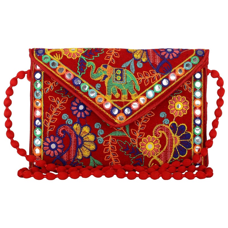 Craft Trade Bloody Red Clutch Purses for Women Rajasthani Hand Embroidered Mini Crossbody Bag Women's Cluches for Wedding Party Gifts - Image 1