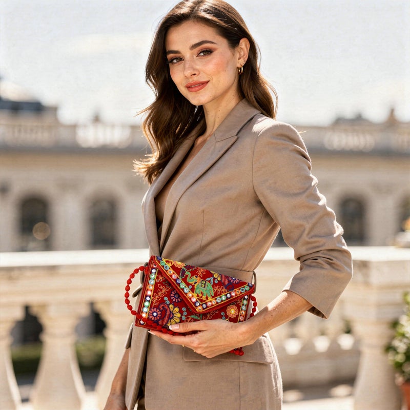 Craft Trade Bloody Red Clutch Purses for Women Rajasthani Hand Embroidered Mini Crossbody Bag Women's Cluches for Wedding Party Gifts - Image 3