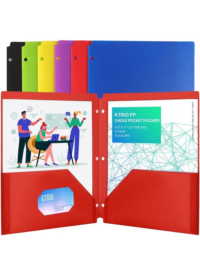 KTRIO Folders With Pockets 3 Hole Punched 6 Pack Plastic Pocket Folders For 3 Ring Binder 3 Hole Pocket Folders Letter Size Plastic Folders Colored Poly Folders For School Students Teachers  - Image 1