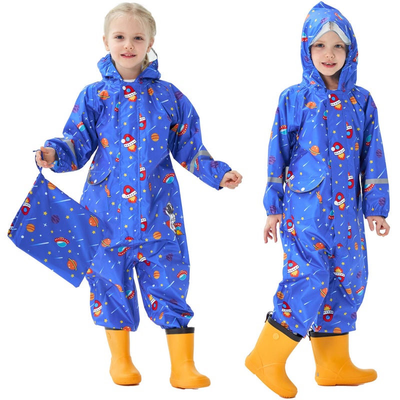 Fewlby Kids Toddler Rain Suit for Boys Girls One Piece Hoodie Zipper Cartoon Waterproof Coverall Rain Jacket 1-10 Years S Size - Image 1