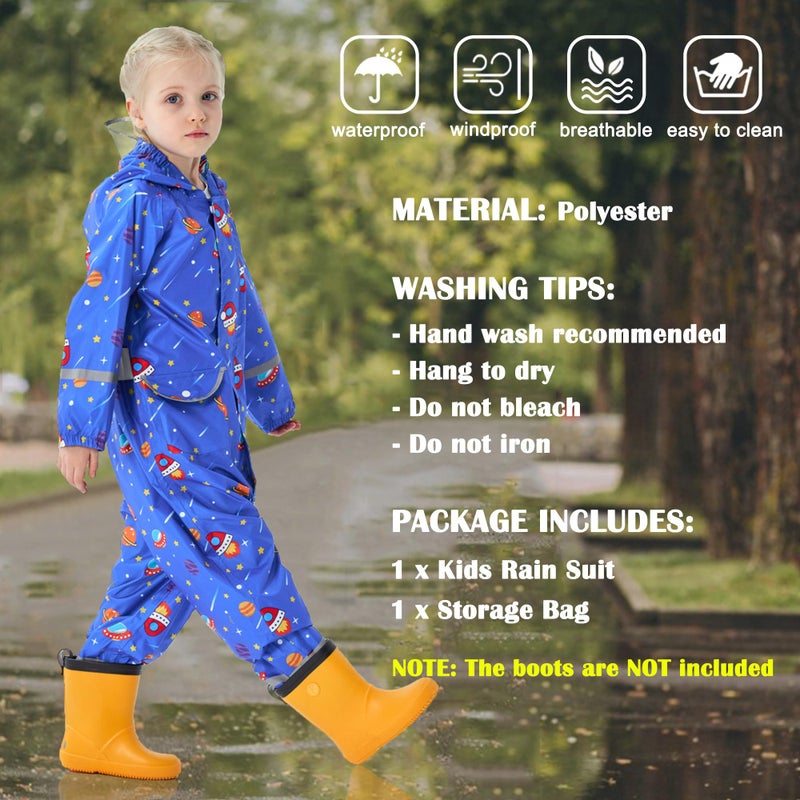 Fewlby Kids Toddler Rain Suit for Boys Girls One Piece Hoodie Zipper Cartoon Waterproof Coverall Rain Jacket 1-10 Years S Size - Image 3