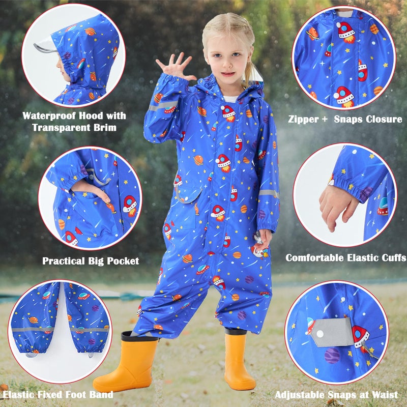 Fewlby Kids Toddler Rain Suit for Boys Girls One Piece Hoodie Zipper Cartoon Waterproof Coverall Rain Jacket 1-10 Years S Size - Image 2