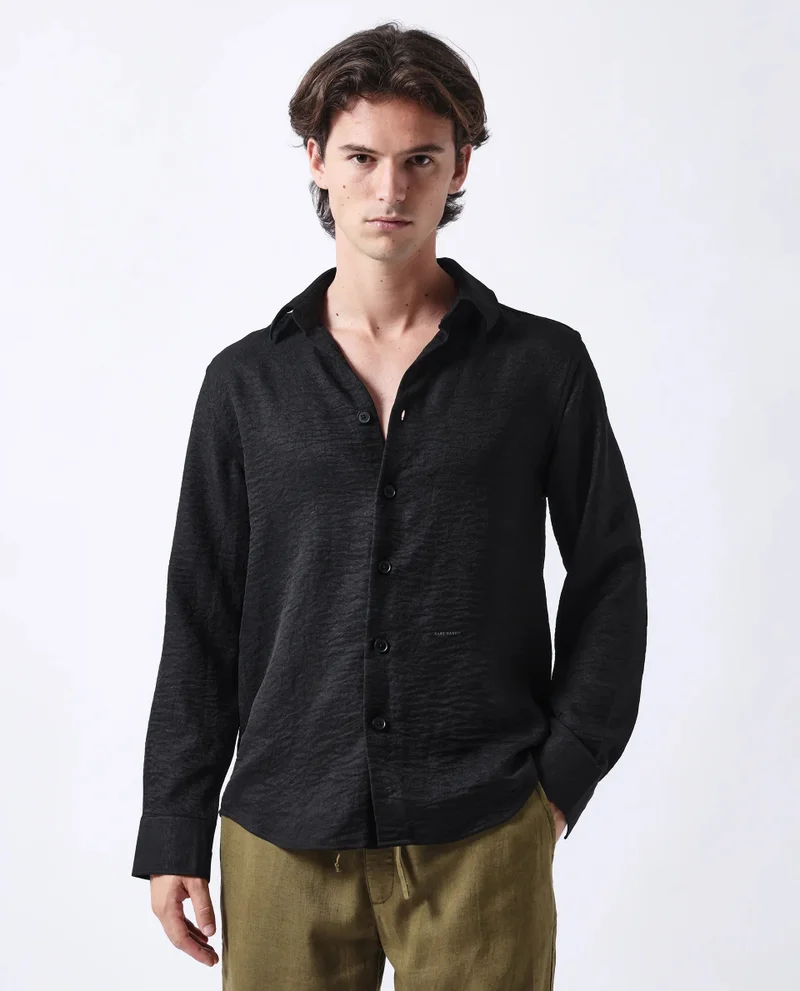 Rare Rabbit Rare Rabbit Men's Nert Black Linen Fabric Full Sleeve Collared Neck Button Closure Printed Shirt