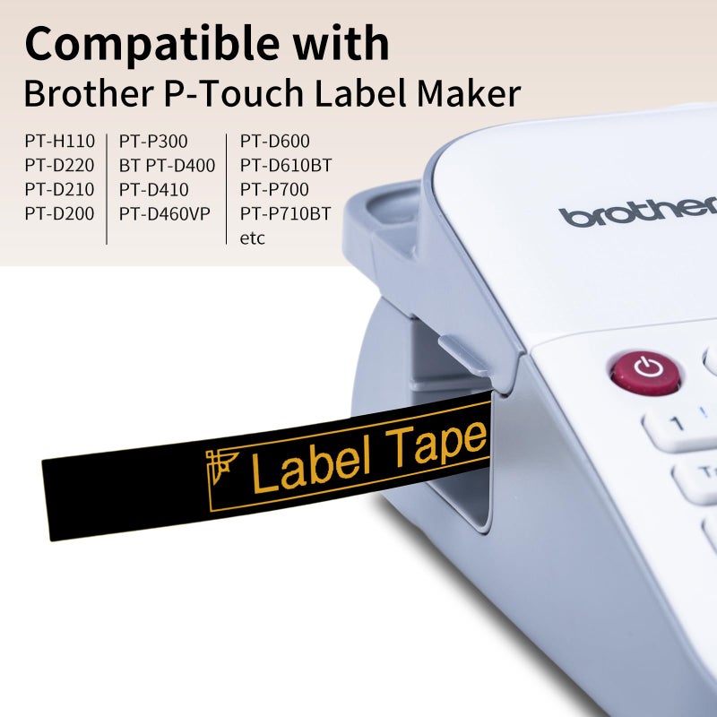 GreaTeam استبدال شريط ملصقات P-Touch الأسود المتوافق مع شريط ملصقات Brother الذهبي على شريط أسود 12 مم 0.47 بوصة TZe-334 لآلة ملصقات Brother PT-D220 PT-H110 PT-D210 PT-D400 PT-P710BT PT-D200، عبوة 5 قطع - Image 2