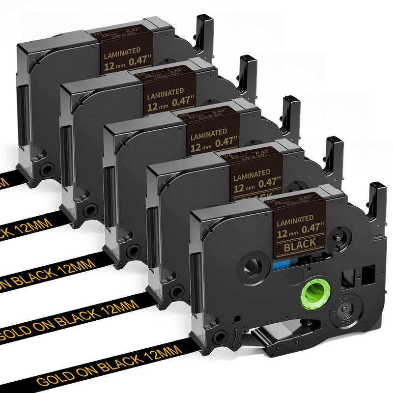 GreaTeam استبدال شريط ملصقات P-Touch الأسود المتوافق مع شريط ملصقات Brother الذهبي على شريط أسود 12 مم 0.47 بوصة TZe-334 لآلة ملصقات Brother PT-D220 PT-H110 PT-D210 PT-D400 PT-P710BT PT-D200، عبوة 5 قطع - Image 1