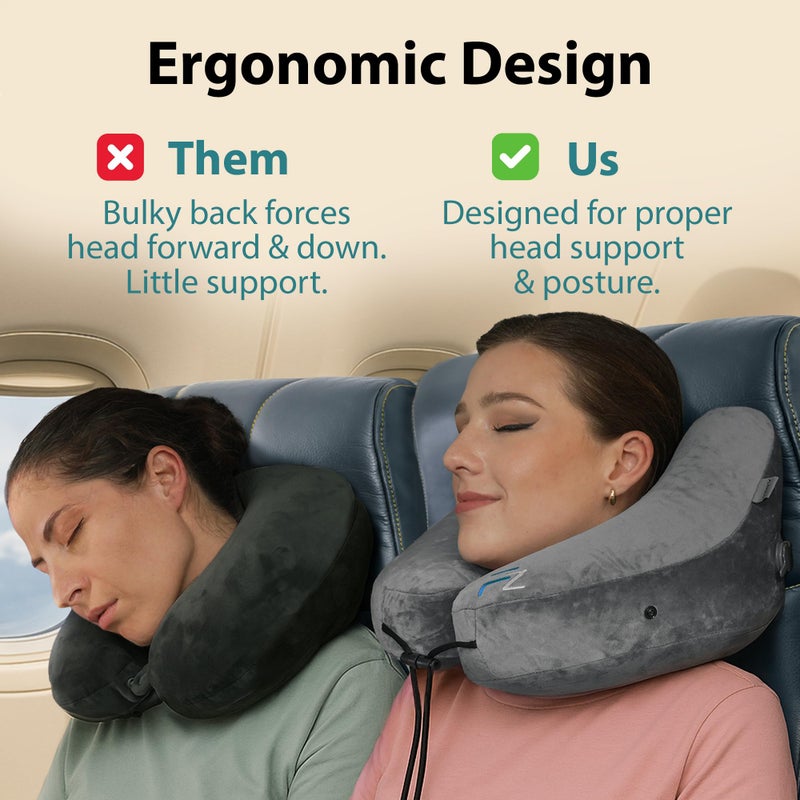 FLOWZOOM Air Inflatable Neck Pillow for Traveling on Plane - H-Shape Hooded Travel Pillow with 5 Snooze Modes, Fast Inflation, Pressure Control, Cozy Clip-On Hood & Plushy Cover - Size L, Silver Gray - Image 4