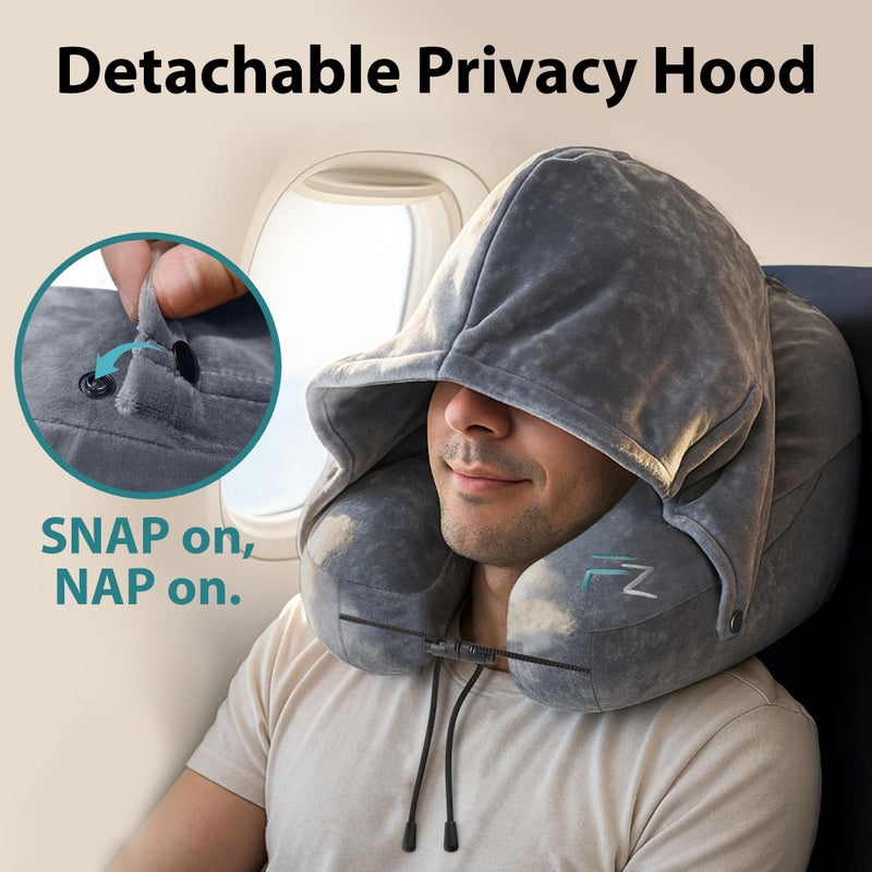 FLOWZOOM Air Inflatable Neck Pillow for Traveling on Plane - H-Shape Hooded Travel Pillow with 5 Snooze Modes, Fast Inflation, Pressure Control, Cozy Clip-On Hood & Plushy Cover - Size L, Silver Gray - Image 5