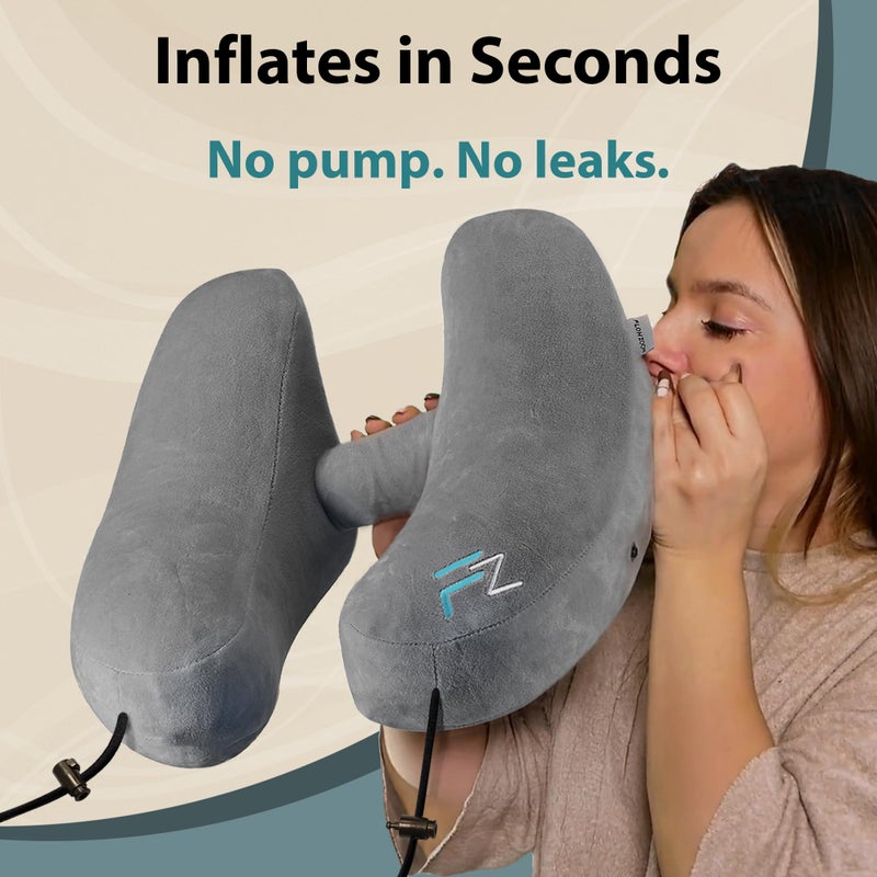 FLOWZOOM Air Inflatable Neck Pillow for Traveling on Plane - H-Shape Hooded Travel Pillow with 5 Snooze Modes, Fast Inflation, Pressure Control, Cozy Clip-On Hood & Plushy Cover - Size L, Silver Gray - Image 2