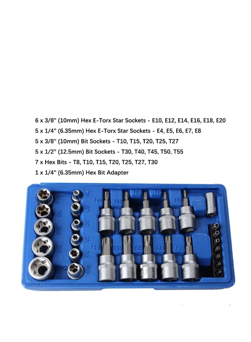 Barakah Tamper Proof Torx Bit Socket Set, Torx Driver Bits Tool, 29 Pcs Torx Star Bit Socket Set, Metric Hex Bit Sockets Set, 1/4'' 3/8'' 1/2'' Drive for Hand Use with Storage Case - Image 3