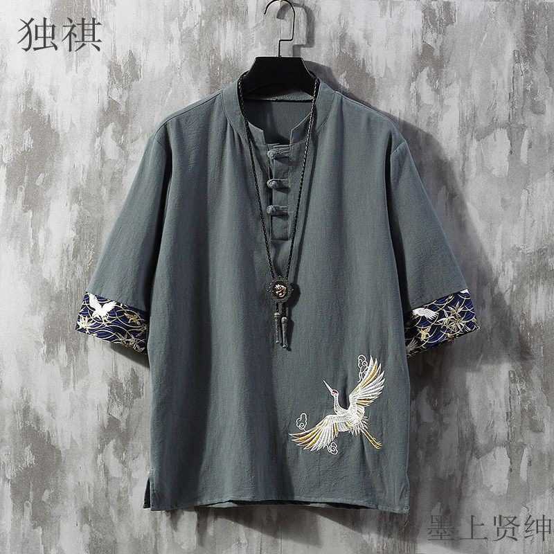 Embroidered Linen Short-sleeved T-shirt Men's Summer Thin Loose Trendy Brand plus size Tang Coat Chinese Style Cotton and Linen Buckle T-shirt - Image 2