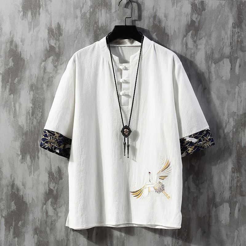 Embroidered Linen Short-sleeved T-shirt Men's Summer Thin Loose Trendy Brand plus size Tang Coat Chinese Style Cotton and Linen Buckle T-shirt - Image 3