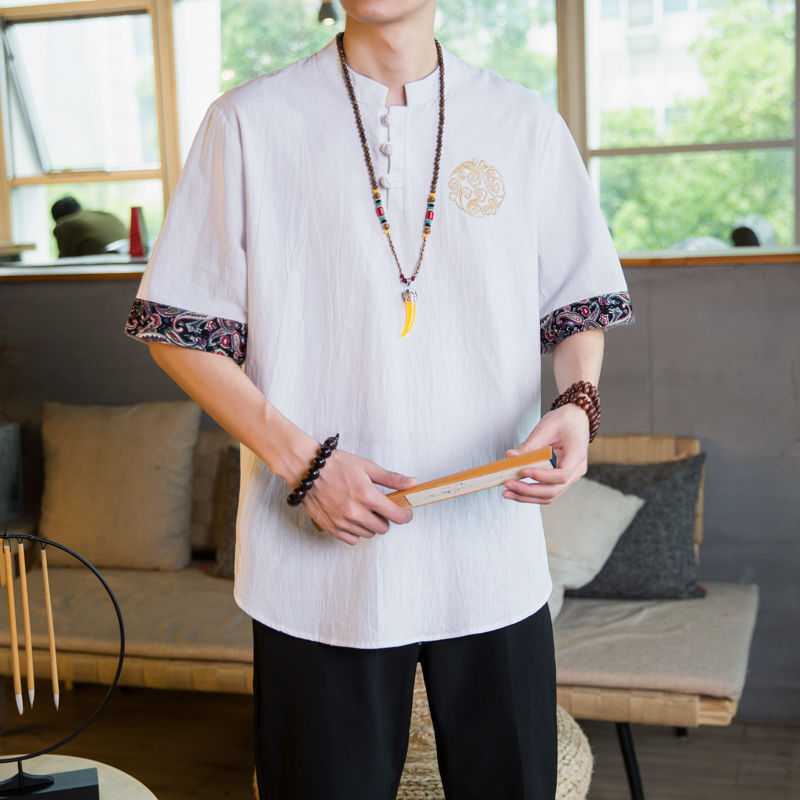 Embroidered Linen Short-sleeved T-shirt Men's Summer Thin Loose Trendy Brand plus size Tang Coat Chinese Style Cotton and Linen Buckle T-shirt - Image 1