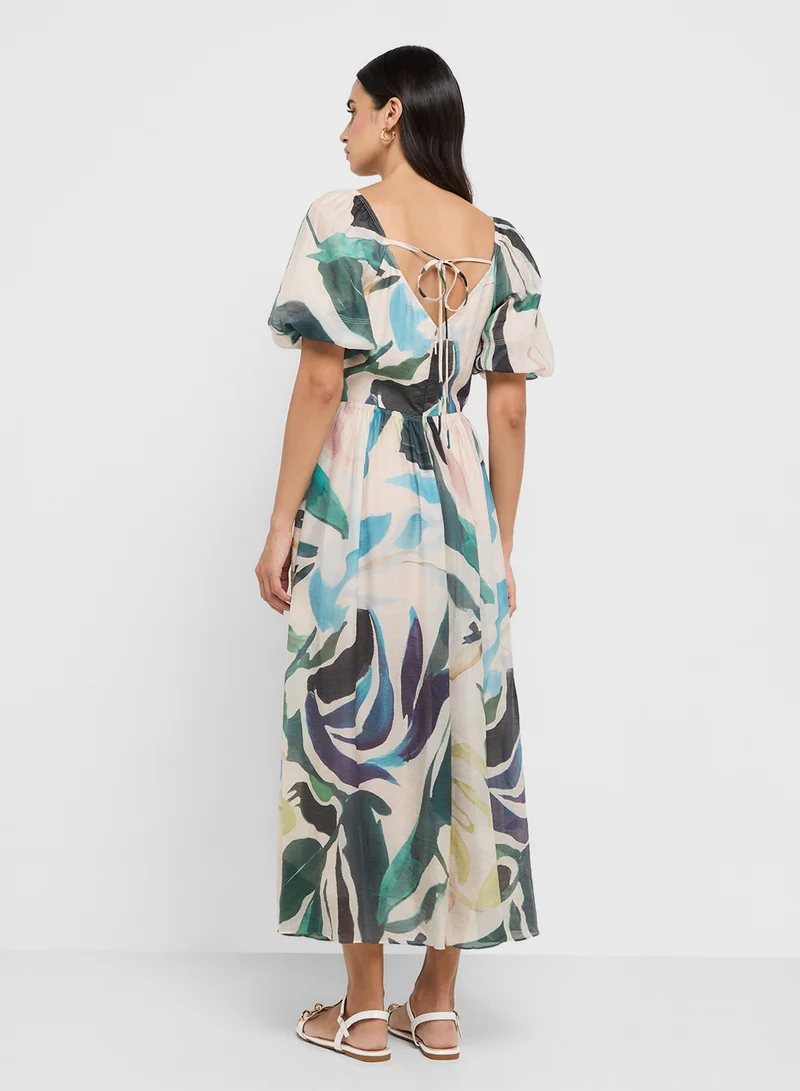 تيد بيكر Printed Puff Sleeve Ruched Detail Dress