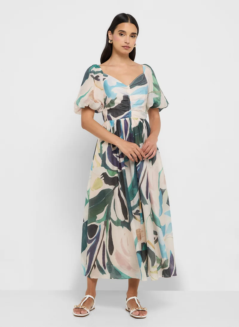 تيد بيكر Printed Puff Sleeve Ruched Detail Dress