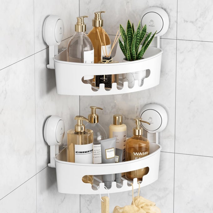 CORNER SHOWER CADDY SUCTION CUP SHOWER SHELVES SUCTION CUP 2 PACK BASKET POWERFUL BATHROOM WATERPROOF OILPROOF ORGANIZER FOR KITCHEN NODRILLING REMOVABLE