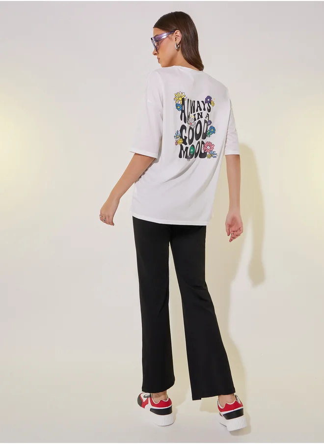 Styli Slogan Print Round Neck T-Shirt and Pants Co-Ords