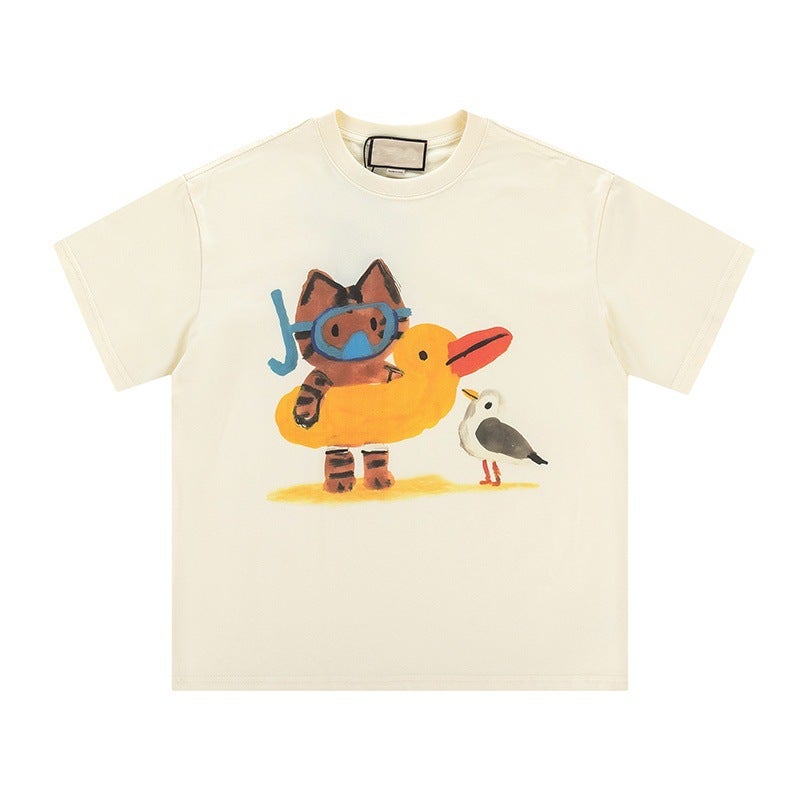 Cat With Backpack Cute Pattern Summer Casual New Short-Sleeved Top Street Style Cartoon Ins Round Neck T-Shirt - Image 3