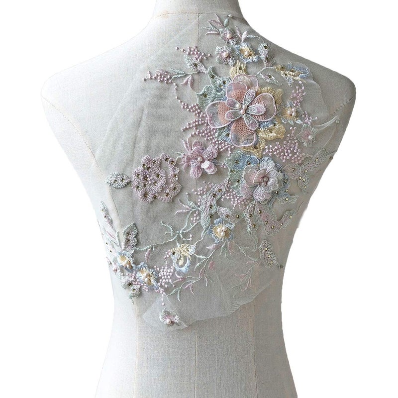 Blossom 3D Flower Applique Beaded Sequins Flower LACE Patch Bridal Wedding Dress Embossed Beading Embroidery lace Appliques Motif Sewing CraftCandy