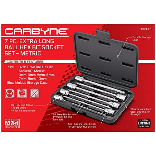 CARBYNE 7-Piece Metric Ball End Extra Long Hex (Allen) Bit Socket Set, 3mm - 10mm Sizes, 3/8 in. Drive, S2 Steel Bits, CrV Sockets • From a Family-Run Tool Company Based in the U.S.A. - Image 3